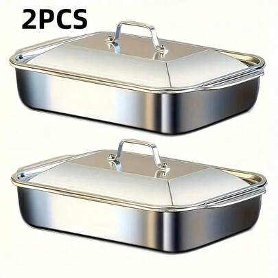 4-Piece (2 Stainless Steel Deep Pans And 2 Lids With Handles) Heavy-Duty Stainless Steel Rectangular Fish Baking Tray With Lid, 430 Stainless Steel,Large Capacity Multi-Purpose Heating Tray, Suitable For Barbecue, Buffet And Home Cooking, Suitable For Dessert, Bread, Seafood, Suitable For Barbecue, Buffet And Home Cooking, A Must-Have For Holiday Cooking