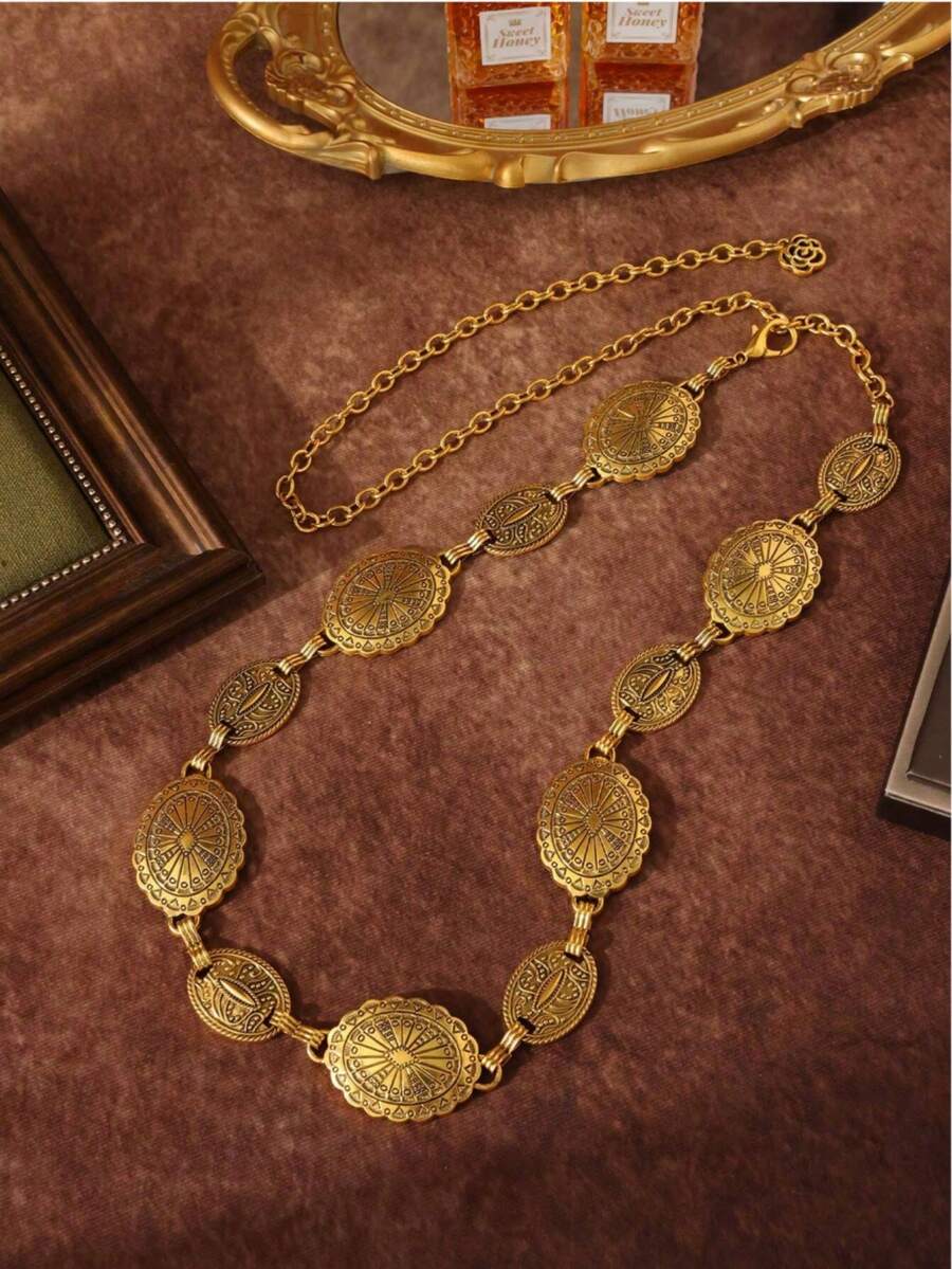 1 chiếc dây thắt lưng kim loại họa tiết hoa cổ điển thời trang, dây thắt lưng váy đa năng phong cách Bohemian, phù hợp cho trang phục hàng ngày và dự tiệc của phụ nữ - Vàng - Xem 1