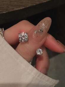 2pcs Y2K Style Copper Inlaid Asymmetric 5 Cubic Zirconia Rings Set, Daily Wear Women - Silver 3 - View 3
