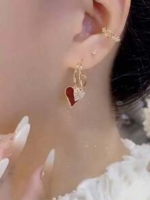 Elegant Red Heart Pendant Earrings - Unique Minimalist Design For Women, Suitable As Valentine's Day Gift - màu đen - Xem 5
