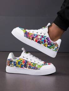 Unisex Graffiti Lace-Up Skateboard Shoes, Versatile Casual Fashion Sneakers For Couples, Suitable For All Seasons