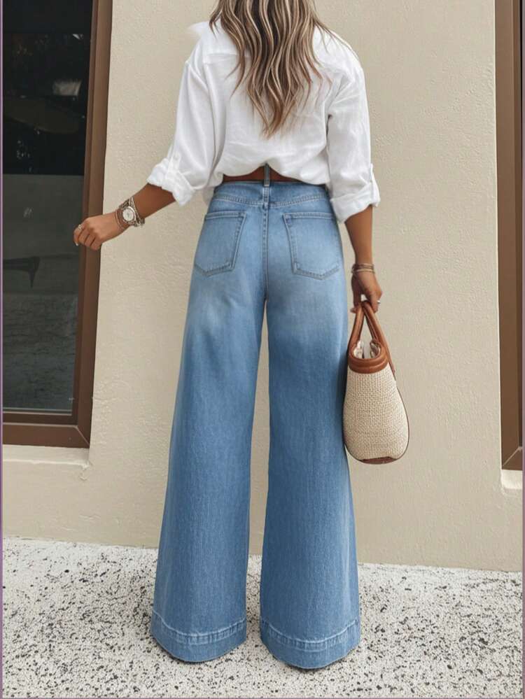 Jeans casual a gamba ampia da donna, eleganti e alla moda, stile lungo, con tasche, tessuto lavato a media elasticità, adatti per la primavera - Blu lavato medio - Visualizzare 4