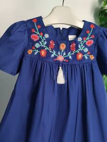 Girls Floral Embroidery Casual Princess Dress, Suitable For Party, Girls Summer Clothing - Blue - View 2