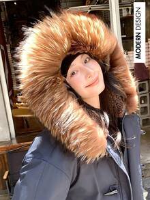 Stylish Women's Autumn/Winter Thick Warm Loose Hooded Cotton Jacket, Short Length, Korean Version, Fur Collar, Multi-Purpose Jacket - 藏蓝色 - 查看 3