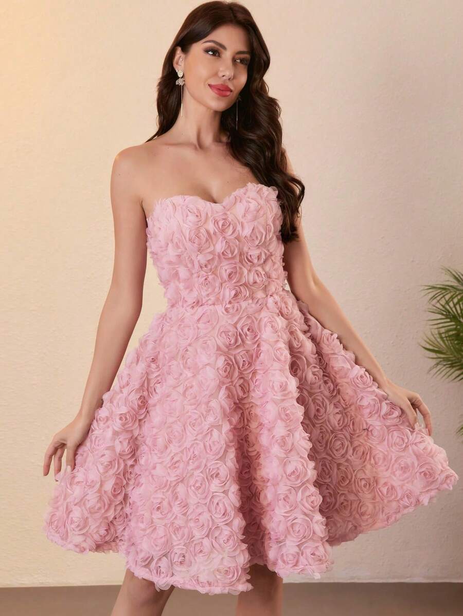 Elegant Mini Wedding Dress, Adorned With Delicate 3D Floral Accents, Lightweight Tulle Trailing - Perfect For Summer Weddings, Garden Parties, Luxury Ceremonies Or Formal Galas. Pink Backless Tie-Up Women's Formal Wedding Gown - Dusty Pink - View 1