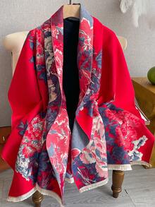 1 件女士优雅提花仿羊绒保暖围巾，时尚百搭空调房毯，秋冬优雅外套披肩，适合日常搭配 - 彩色 - 查看 3