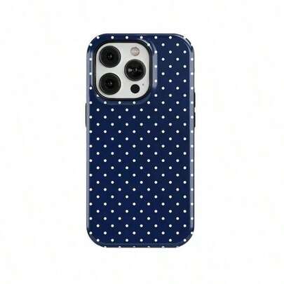 Blue Polka Dot Anti-Drop Phone Case - Aesthetic Navy & White Cover For  16/15/14/13/12/11 - Shockproof Protection Phone Case  16 Pro Case