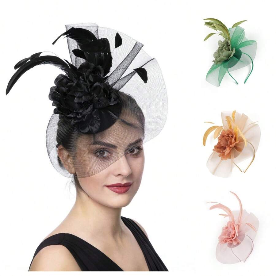 1pc Halloween Costumes Women's Organza Fascinator Hat Church Kentucky Derby British Flower Feather Fascinator Bridal Tea Party Accessories Hat Gold Halloween Accessories, Tiny Hats, Mini Cap, Wedding Items