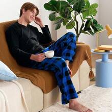 Mens Pajama Pants Soft Flannel Fleece Pajama Bottoms Sleep & Lounge Pants With Pockets And Drawstringhalloween - 黑色和藍色格子 - 查看 8