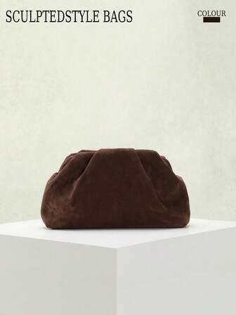 1pc Autumn/Winter New Vintage Brown Suede Texture Clutch Bag, Marlene Style Women's Suede Clutch, European & American Fashion Pleated Minimalist Women's Clutch Bag With Chain Shoulder Strap