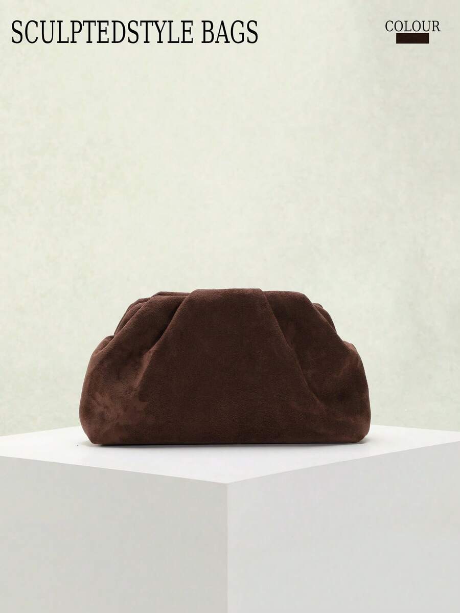 SCULPTEDSTYLE BAGS 1件 秋冬新款復古棕色紋理麂皮手提包,美拉德風女款手拿包,歐美時尚百褶包,極簡風女款手提包附鏈條斜跨背帶 - 咖啡 - 查看 1