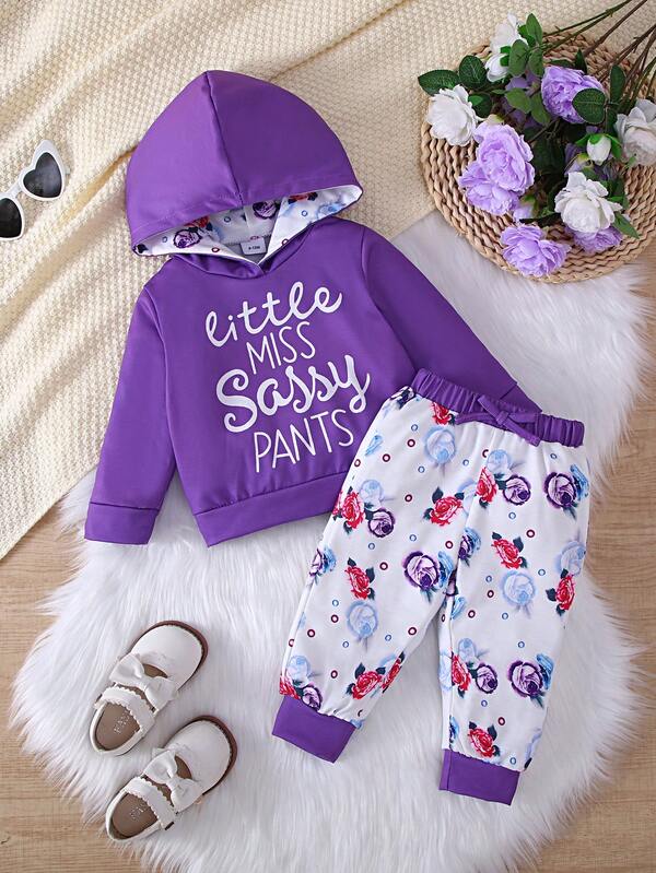 2pcs Baby Casual English Letter Print Hooded Sweatshirt & Random Floral Print Sweatpants Outdoor Set, Autumn/Winter