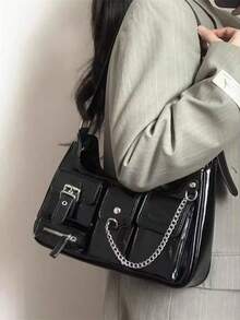 2025新款女士纯色单肩包，纯色大容量多口袋复古Y2K长款单肩包，可腋下携带，嬉皮时尚单肩包，适合酷女孩手提包和钱包 - 黑色 - 查看 3