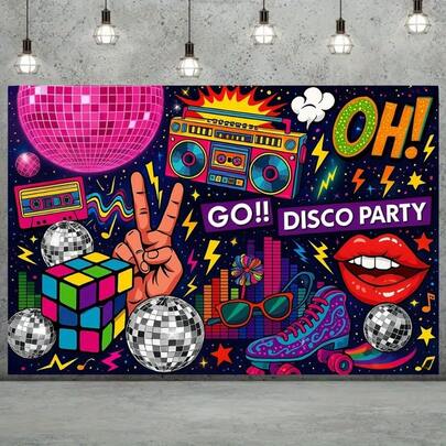 1 件复古 70 年代 80 年代 90 年代迪斯科派对横幅，耐用涤纶嘻哈背景，带迪斯科球和和平标志，适合生日
