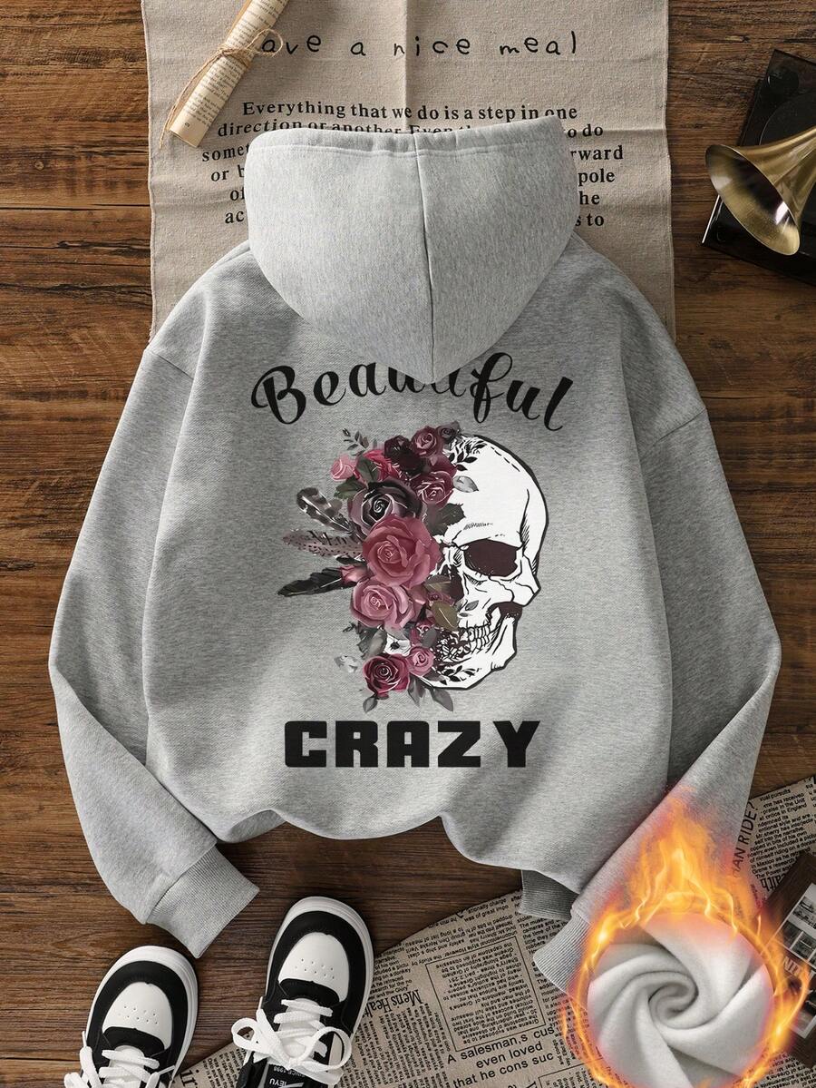 Áo hoodie nữ in họa tiết hoa hồng mùa thu/đông, phong cách đường phố thường ngày và đa năng cho mùa xuân. - Xám đậm - Xem 1