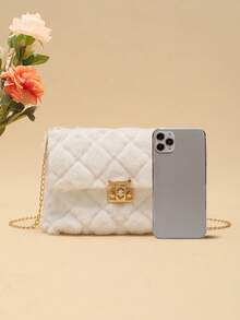 毛绒材质斜跨包，女士新款时尚百搭链条单肩包，毛绒绒锁扣小方包 - 白色 - 查看 6