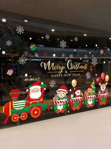 Juego de pegatinas para ventanas navideñas, Feliz Navidad y Próspero Año Nuevo, pegatinas de Papá Noel, tren, copos de nieve y caja de regalo, pegatinas de PVC removibles para ventanas navideñas, decoraciones navideñas, pegatinas para ventanas con temática de tren navideño, pegatinas decorativas de Papá Noel y renos - Multicolor - Ver 1