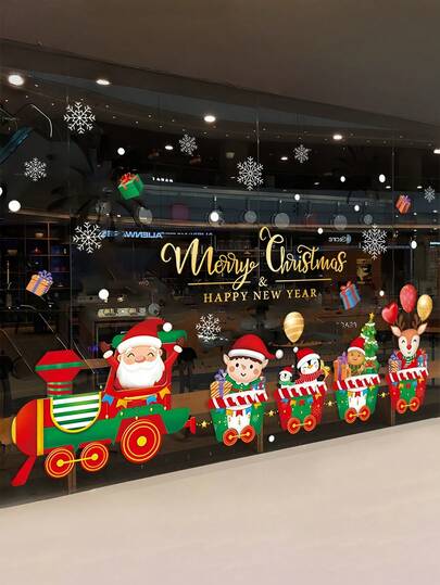 Juego de pegatinas para ventanas navideñas, Feliz Navidad y Próspero Año Nuevo, pegatinas de Papá Noel, tren, copos de nieve y caja de regalo, pegatinas de PVC removibles para ventanas navideñas, decoraciones navideñas, pegatinas para ventanas con temática de tren navideño, pegatinas decorativas de Papá Noel y renos