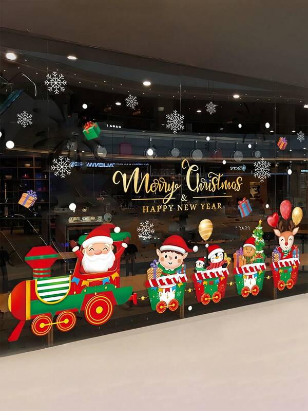 Juego de pegatinas para ventanas navideñas, Feliz Navidad y Próspero Año Nuevo, pegatinas de Papá Noel, tren, copos de nieve y caja de regalo, pegatinas de PVC removibles para ventanas navideñas, decoraciones navideñas, pegatinas para ventanas con temática de tren navideño, pegatinas decorativas de Papá Noel y renos