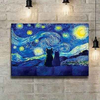 1 pieza Pintura en lienzo de arte, Pintura al óleo de Van Gogh en lienzo, Póster de gato bajo las estrellas, Decoración de pared para baño, dormitorio, oficina, sala de estar, sin marco, pósteres para habitación, decoración del hogar, decoración de habitación vintage, decoración de pared Cottagecore