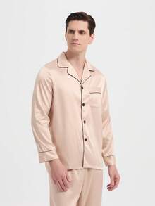 新款男士时尚休闲睡衣套装，秋冬服装 - 香檳色 - 查看 6