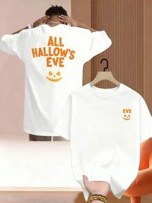 Camiseta de calabaza de Halloween de alta calidad, de algodón con estampado de doble cara, cómoda, de gran tama?o, vintage, suave, esencial para el día a día. - Blanco - Ver 1