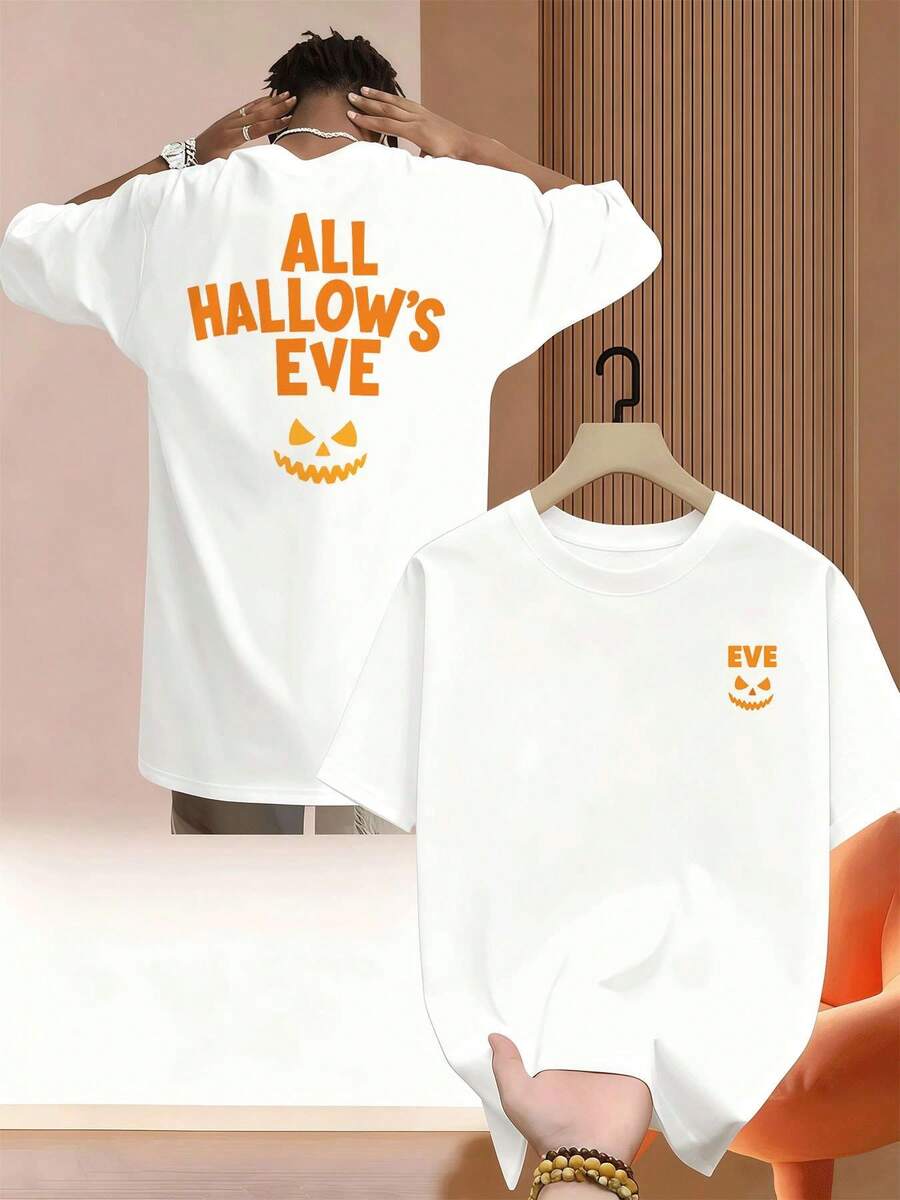 Camiseta de calabaza de Halloween de alta calidad, de algodón con estampado de doble cara, cómoda, de gran tama?o, vintage, suave, esencial para el día a día. - Blanco - Ver 1
