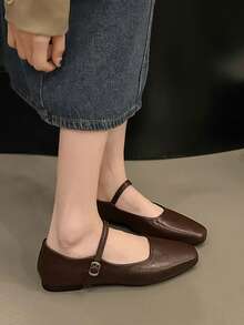 春秋新款方头玛丽珍平底鞋，法式风格，防滑软底休闲女鞋 - 棕色 - 查看 4