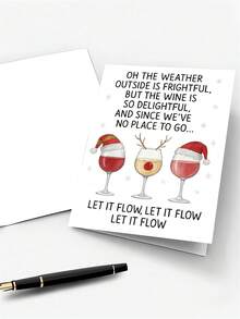 1 pieza Tarjeta de Navidad divertida con copas de vino - Gorros de Papá Noel, cita festiva "Déjalo fluir" - Papelería elegante de vacaciones para regalos de Navidad, fiestas, amantes del vino - Incluye sobre rojo a juego - Tarjeta de felicitación de papel premium, saludos de temporada, sobre resistente, organizadores de fiestas