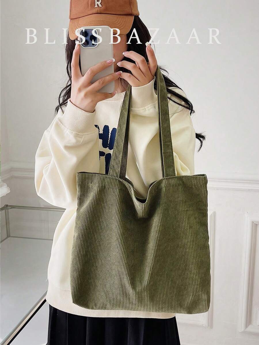 1 Miếng Giải trí Màu thuần Vải to sợi Đơn giản Nhẹ Gấp lại Túi tote đeo vai Thích hợp Đối với Mua sắm Và Sử dụng hàng ngày - xanh quân đội - Xem 1