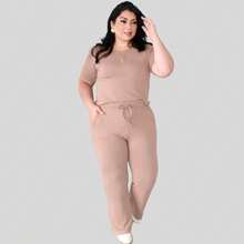 Women's Plus Size Knit Sweatshirt Set, Blouse And Simple Pants, Knitted Fabric, Pocket Set, Holiday Vacation, Daily Home, Travel, Summer - Beis - Ver 1