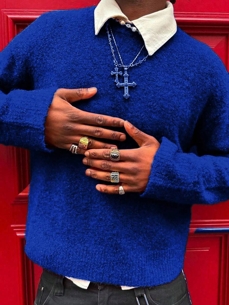 Unisex Fluffy Casual Loose Fit Crew Neck Textured Solid Color Pullover Sweater, Versatile Long Sleeve Knit Top For Autumn & Winter - Blue - View 1