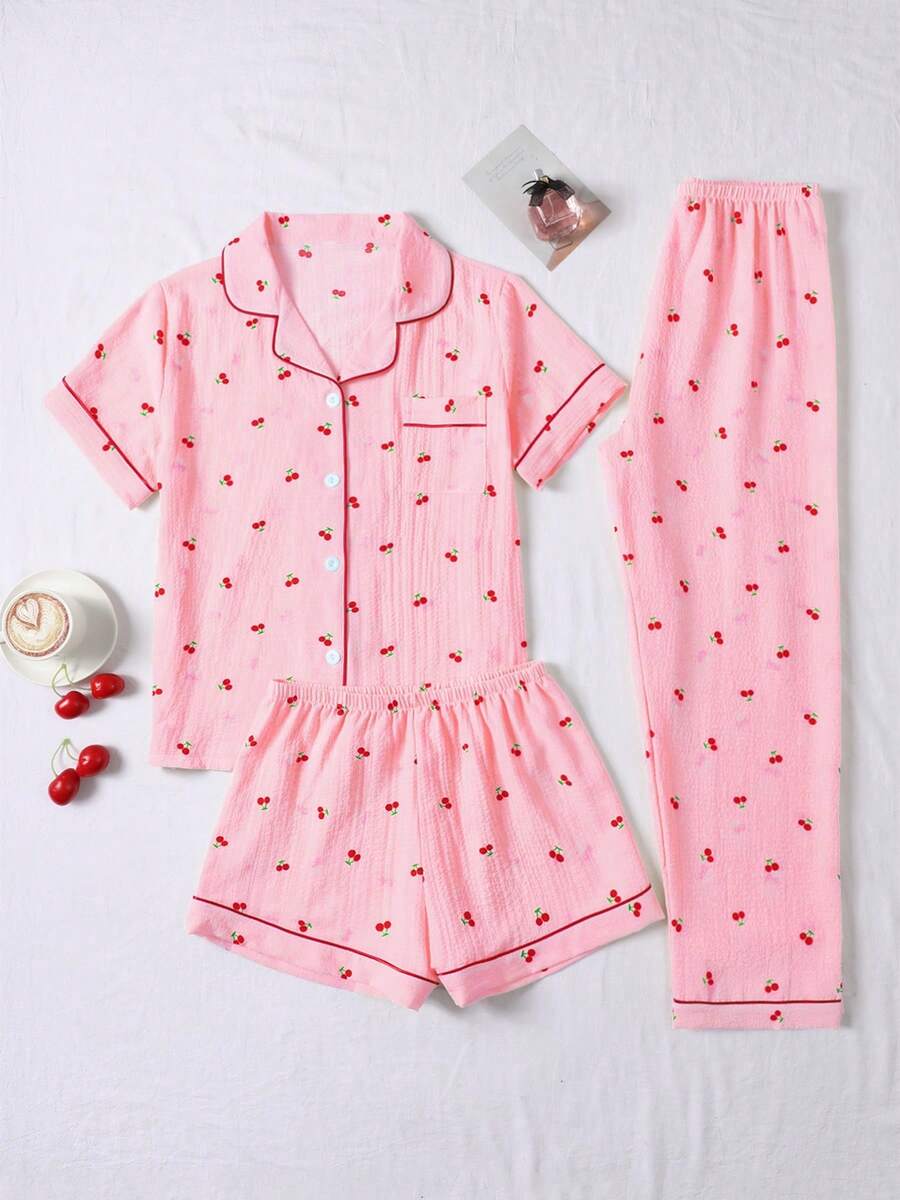 3pcs Bubble Crinkle Cherry Print Women Pajama Set - Short Sleeve Button Collar Top And Shorts + Long Pants - Hồng - Xem 1