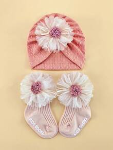 0-6个月婴儿四季花朵弹性头带帽子和袜子套装，新生儿无檐便帽礼盒，婴幼儿头饰配饰套装