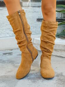 Damskie botki z plisowaną cholewką ze sztucznej skóry, uniwersalny styl z ozdobnym zamkiem błyskawicznym z boku, odpowiednie do strojów jesienno-zimowych i codziennych, kolor czarno-brązowy, miękkie i wygodne, pasujące do wielu stylizacji