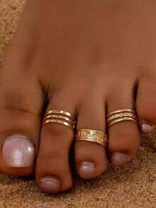 3 件套金属几何线条趾环，女士夏季海滩珠宝