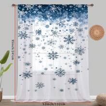 1PC Blue Snowflake Christmas Sheer Curtain, Gradient Snowfall Design, Light Filtering, Voile, Festive Home Rod Pocket Window Decor. - Multicolor - View 9