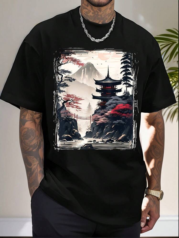 Vintage Japanese Flower Tee Mountain View Landscape Graphic T