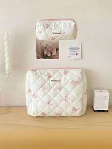 L/M/S Rosa Schleifenmuster Make-up Tasche Set, Blumen Kosmetiktasche, ästhetische Kulturtasche, Reise-Organizer für Frauen und Mädchen, große bedruckte Vintage-Steppdecken-Make-up-Tasche für Frauen, Hautpflege-Organizer-Tasche mit Blumendruck, Make-up-Organizer-Aufbewahrungstasche, Herbst-Uni-Essentials, Reise-Essentials, Urlaubsreise-Tasche für Frauen