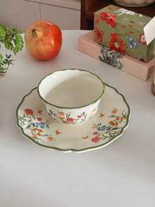 1 套手绘复古花卉陶瓷餐具套装，包括杯子和碟子、盘子、碗，适用于法国复古风格的咖啡、甜点、酸奶、意大利面，适用于餐厅、客厅、咖啡厅、面包店