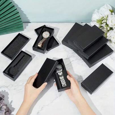 1/10개 검정색 직사각형 판지 시계 상자, 남성용 시계 상자, 리치 그레인 직사각형 보석 상자, 시계, 목걸이에 적합, 내구성있는 선물 포장 및 귀중품 보관 상자, 부드러운 무광택 표면, 보석 상자, 방 장식에 이상적, 엄마, 아빠, 여동생, 남자 친구, 크리스마스,
