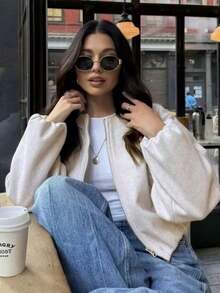 1 Peça Jaqueta Bomber de Manga Longa Macia e Versátil com Gola Redonda, Casaco Curto Fashionável, Outono/Inverno