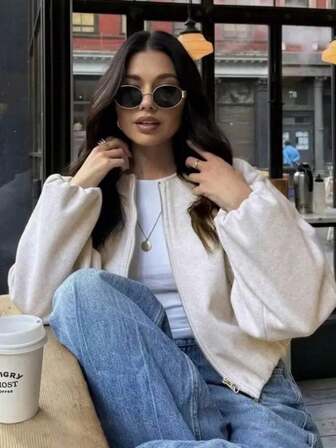 1 pièce Veste bomber court à manches longues, col rond, polyvalente et pour femmes. Automne/Hiver