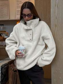 Women's Loose Elegant Casual Slouchy Stand Collar Sweatshirt Top, Autumn/Winter - Beige - View 1