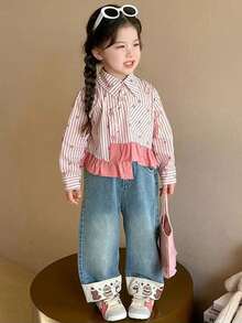 Girls Long Sleeve Blouse, Toddler/Little Young Girl Asymmetric Striped Bow Casual Shirt, Princess Versatile Daily Wear - Watermelon Pink - View 4