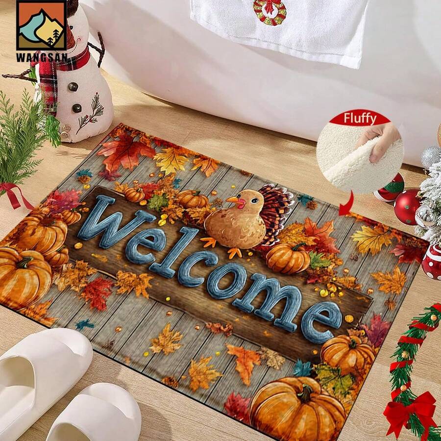 1 buc. Covoraș antiderapant cu model de curcan și dovleac de toamnă pentru Ziua Recunoștinței, covoraș antiderapant din fibră super, potrivit pentru decorarea petrecerilor de sărbători, bucătărie, baie, sufragerie, dormitor, poate fi oferit cadou de Ziua Recunoștinței