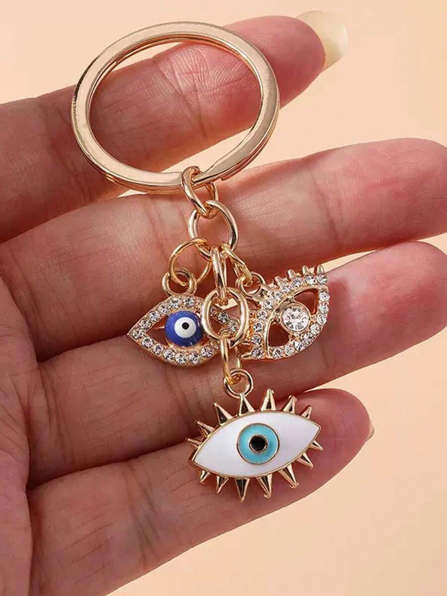 Porte-clés femme haut de gamme à la mode avec pendentif œil maléfique en strass, cordon et anneau de clé de voiture unique - Or-Nouveau - Voir 1