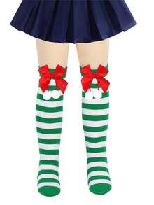 1 par de calcetines largos a la rodilla con rayas, pompones y moños para niñas y adolescentes en Navidad