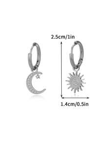 "1pc Silver Sun & Moon Pendant Earrings For Women – Gorgeous Stainless Steel Statement Jewelry With Celestial Design,  Fashion Dangle Earrings, Unique Daily & Party Accessory, Perfect Gift For Girlfriend, Wife, Mom, Friends & Astrology Lovers" - 銀色 - 查看 3