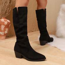 1 paire de bottes mi-mollet en tissu de couleur unie, décontractées. Bottes élastiques plissées, à bout pointu et talon épais. Convient pour les fêtes, le bureau, les mariages, l'automne/l'hiver - Noir - Voir 8